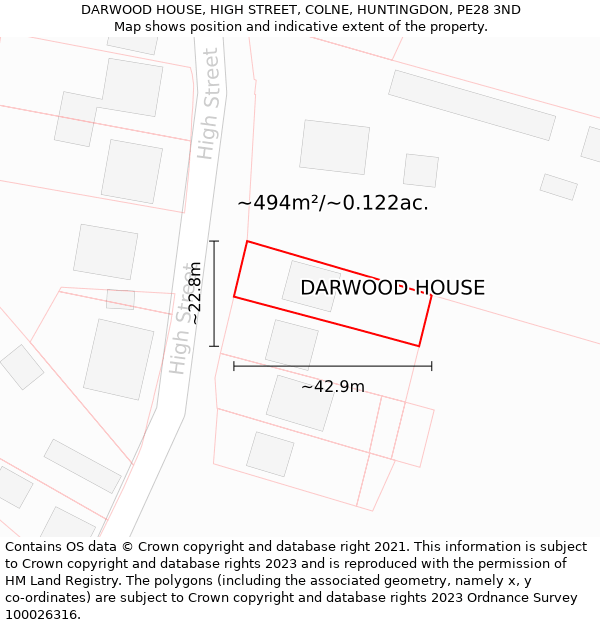 DARWOOD HOUSE, HIGH STREET, COLNE, HUNTINGDON, PE28 3ND: Plot and title map