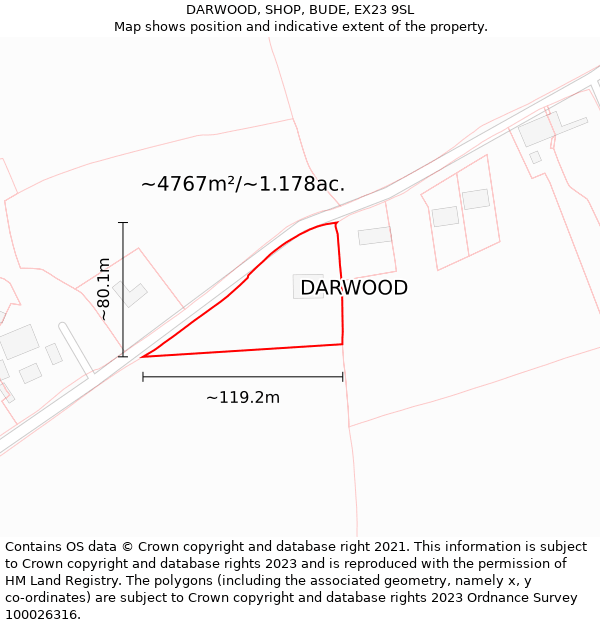 DARWOOD, SHOP, BUDE, EX23 9SL: Plot and title map