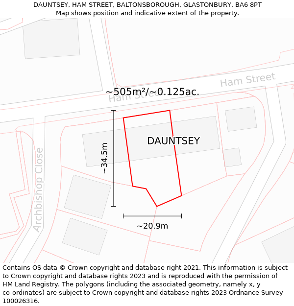 DAUNTSEY, HAM STREET, BALTONSBOROUGH, GLASTONBURY, BA6 8PT: Plot and title map