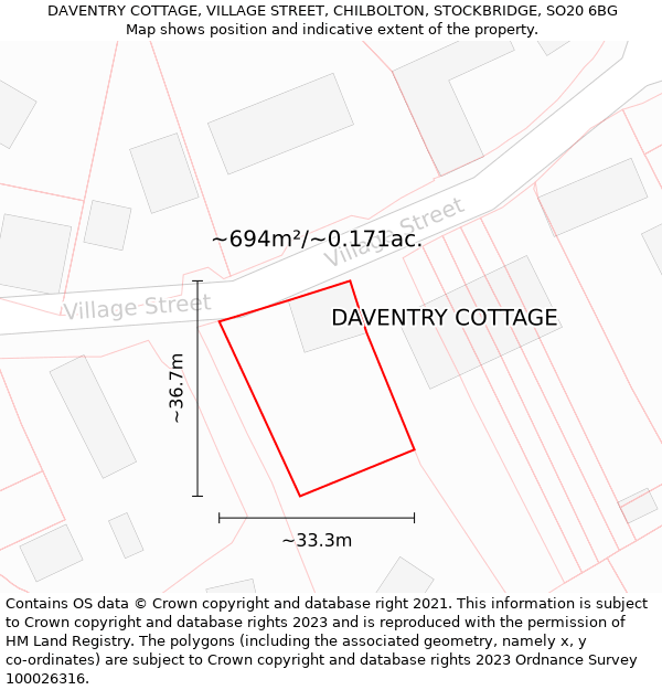 DAVENTRY COTTAGE, VILLAGE STREET, CHILBOLTON, STOCKBRIDGE, SO20 6BG: Plot and title map