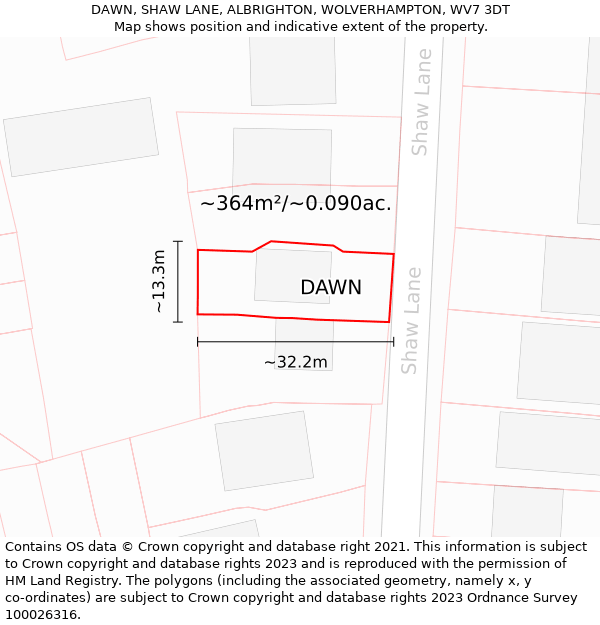 DAWN, SHAW LANE, ALBRIGHTON, WOLVERHAMPTON, WV7 3DT: Plot and title map