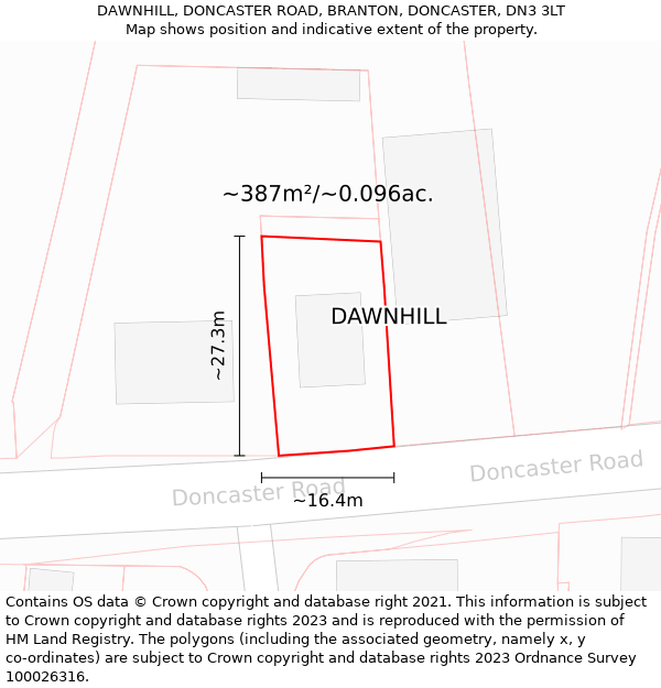 DAWNHILL, DONCASTER ROAD, BRANTON, DONCASTER, DN3 3LT: Plot and title map