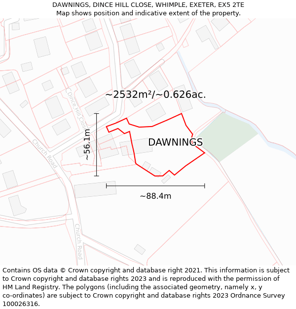 DAWNINGS, DINCE HILL CLOSE, WHIMPLE, EXETER, EX5 2TE: Plot and title map