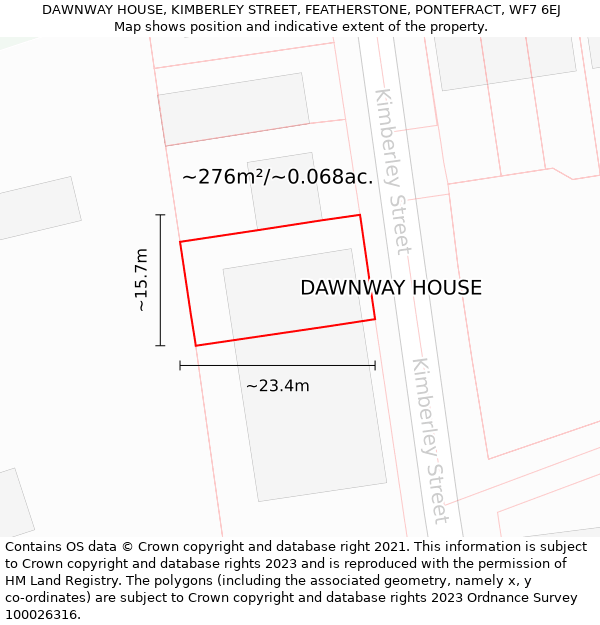 DAWNWAY HOUSE, KIMBERLEY STREET, FEATHERSTONE, PONTEFRACT, WF7 6EJ: Plot and title map