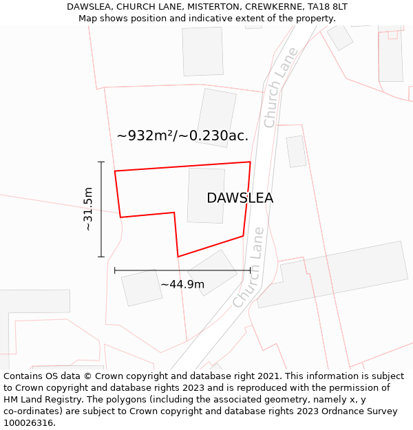 DAWSLEA, CHURCH LANE, MISTERTON, CREWKERNE, TA18 8LT: Plot and title map