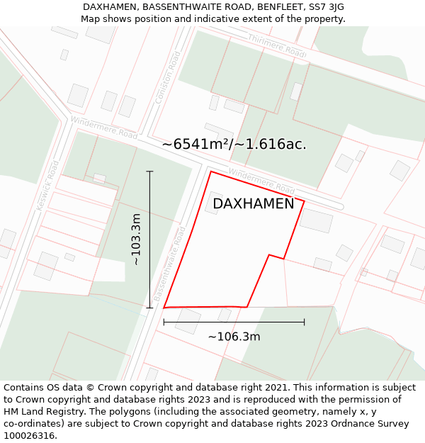DAXHAMEN, BASSENTHWAITE ROAD, BENFLEET, SS7 3JG: Plot and title map