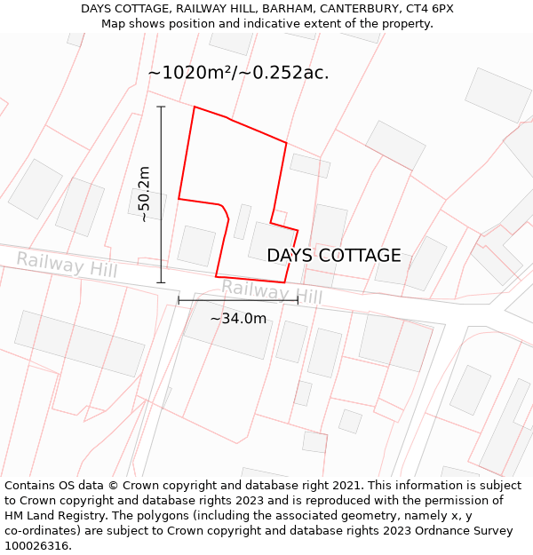 DAYS COTTAGE, RAILWAY HILL, BARHAM, CANTERBURY, CT4 6PX: Plot and title map