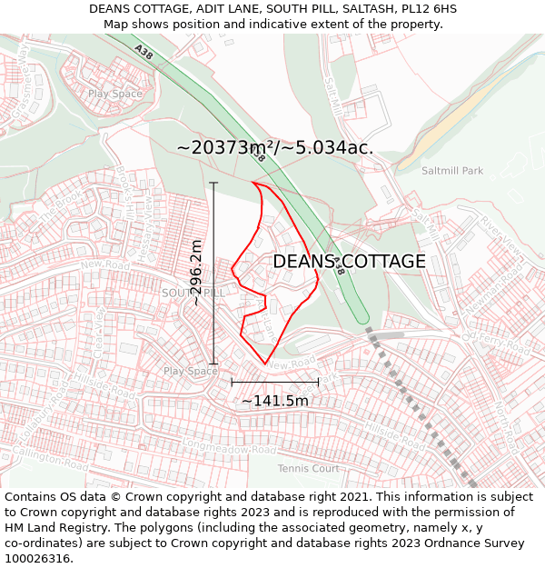 DEANS COTTAGE, ADIT LANE, SOUTH PILL, SALTASH, PL12 6HS: Plot and title map