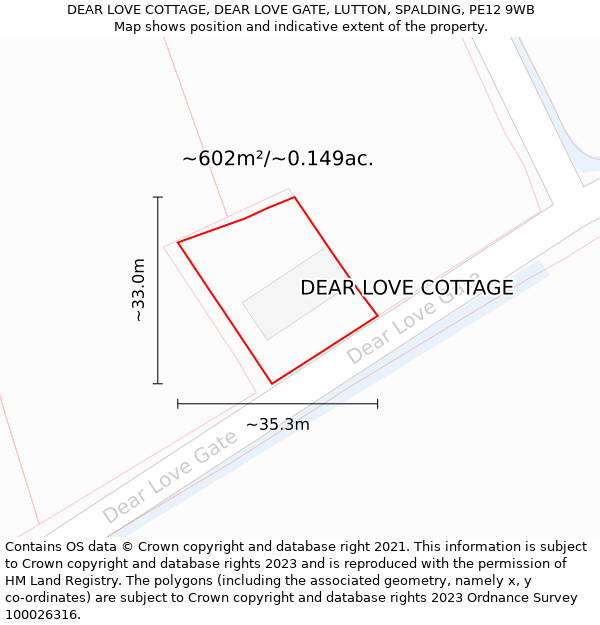 DEAR LOVE COTTAGE, DEAR LOVE GATE, LUTTON, SPALDING, PE12 9WB: Plot and title map