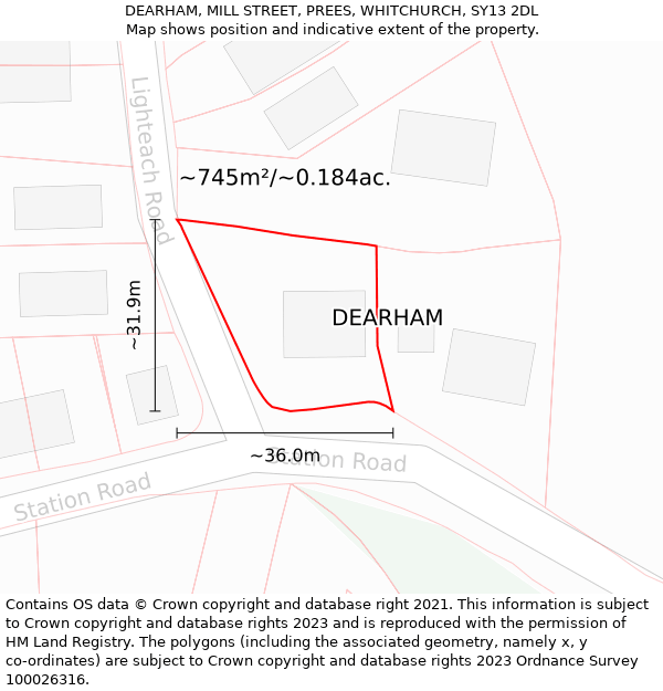 DEARHAM, MILL STREET, PREES, WHITCHURCH, SY13 2DL: Plot and title map