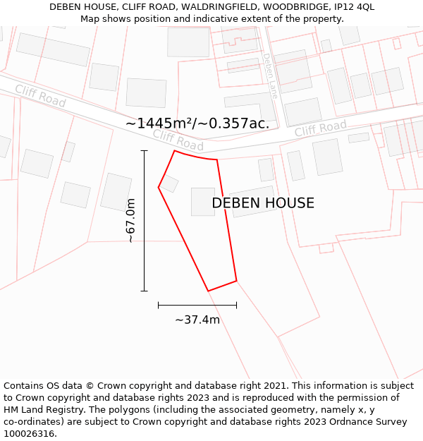 DEBEN HOUSE, CLIFF ROAD, WALDRINGFIELD, WOODBRIDGE, IP12 4QL: Plot and title map