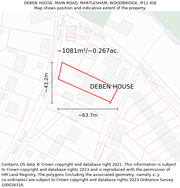 DEBEN HOUSE, MAIN ROAD, MARTLESHAM, WOODBRIDGE, IP12 4SE: Plot and title map
