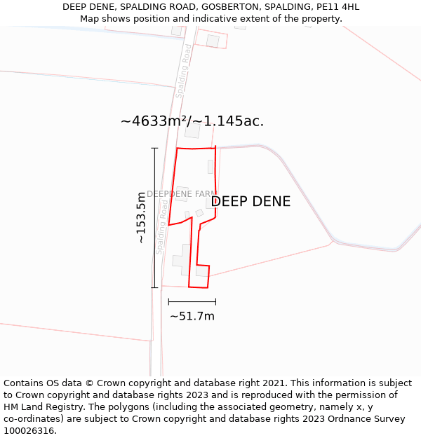 DEEP DENE, SPALDING ROAD, GOSBERTON, SPALDING, PE11 4HL: Plot and title map