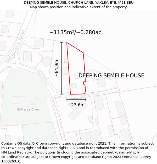 DEEPING SEMELE HOUSE, CHURCH LANE, YAXLEY, EYE, IP23 8BU: Plot and title map