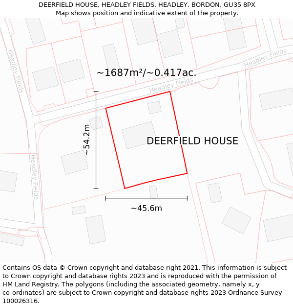 DEERFIELD HOUSE, HEADLEY FIELDS, HEADLEY, BORDON, GU35 8PX: Plot and title map
