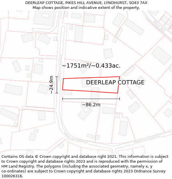 DEERLEAP COTTAGE, PIKES HILL AVENUE, LYNDHURST, SO43 7AX: Plot and title map