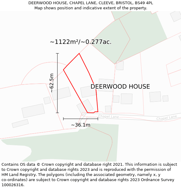 DEERWOOD HOUSE, CHAPEL LANE, CLEEVE, BRISTOL, BS49 4PL: Plot and title map