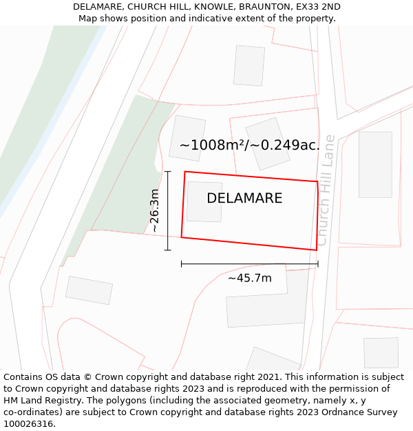 DELAMARE, CHURCH HILL, KNOWLE, BRAUNTON, EX33 2ND: Plot and title map