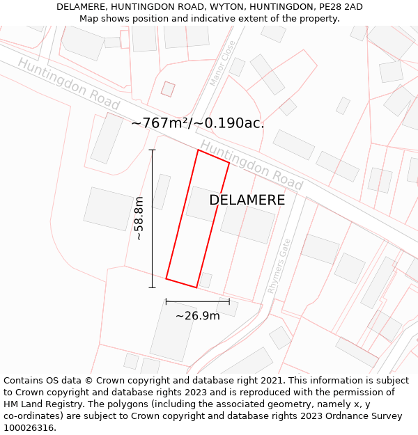 DELAMERE, HUNTINGDON ROAD, WYTON, HUNTINGDON, PE28 2AD: Plot and title map