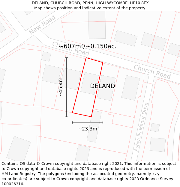 DELAND, CHURCH ROAD, PENN, HIGH WYCOMBE, HP10 8EX: Plot and title map