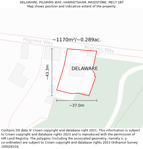 DELAWARE, PILGRIMS WAY, HARRIETSHAM, MAIDSTONE, ME17 1BT: Plot and title map