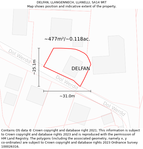 DELFAN, LLANGENNECH, LLANELLI, SA14 9RT: Plot and title map