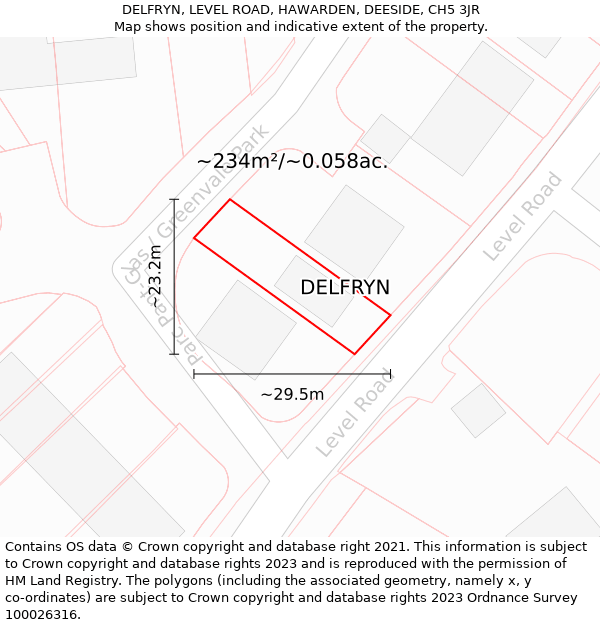 DELFRYN, LEVEL ROAD, HAWARDEN, DEESIDE, CH5 3JR: Plot and title map