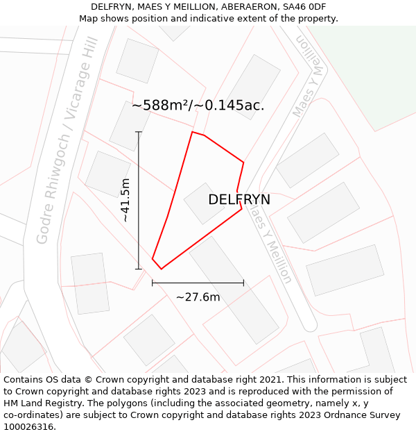 DELFRYN, MAES Y MEILLION, ABERAERON, SA46 0DF: Plot and title map