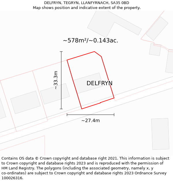 DELFRYN, TEGRYN, LLANFYRNACH, SA35 0BD: Plot and title map