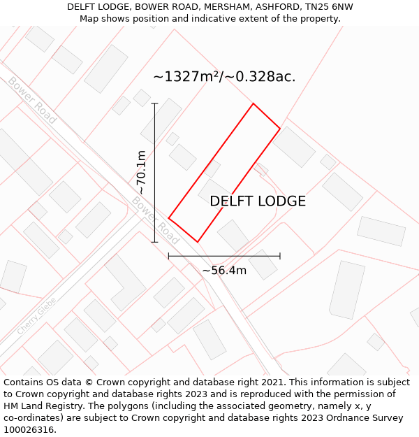 DELFT LODGE, BOWER ROAD, MERSHAM, ASHFORD, TN25 6NW: Plot and title map