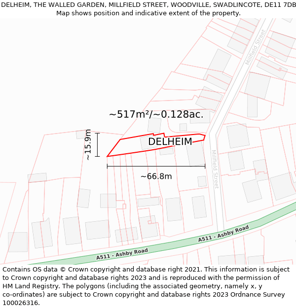 DELHEIM, THE WALLED GARDEN, MILLFIELD STREET, WOODVILLE, SWADLINCOTE, DE11 7DB: Plot and title map