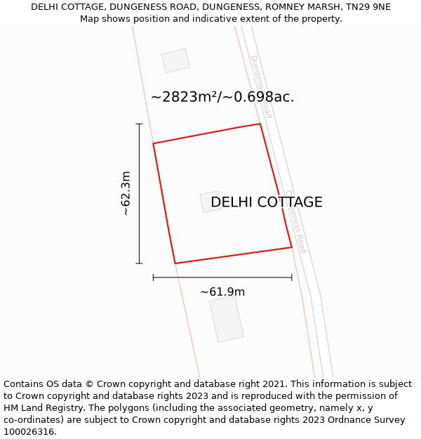 DELHI COTTAGE, DUNGENESS ROAD, DUNGENESS, ROMNEY MARSH, TN29 9NE: Plot and title map