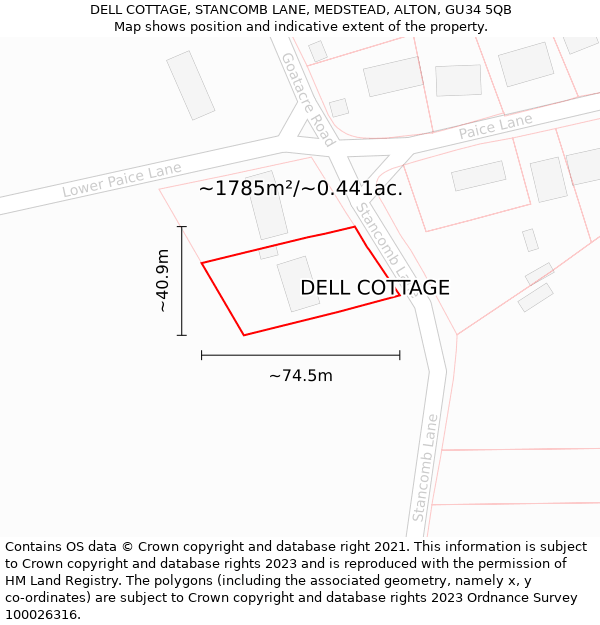 DELL COTTAGE, STANCOMB LANE, MEDSTEAD, ALTON, GU34 5QB: Plot and title map