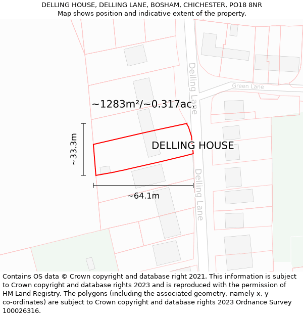 DELLING HOUSE, DELLING LANE, BOSHAM, CHICHESTER, PO18 8NR: Plot and title map