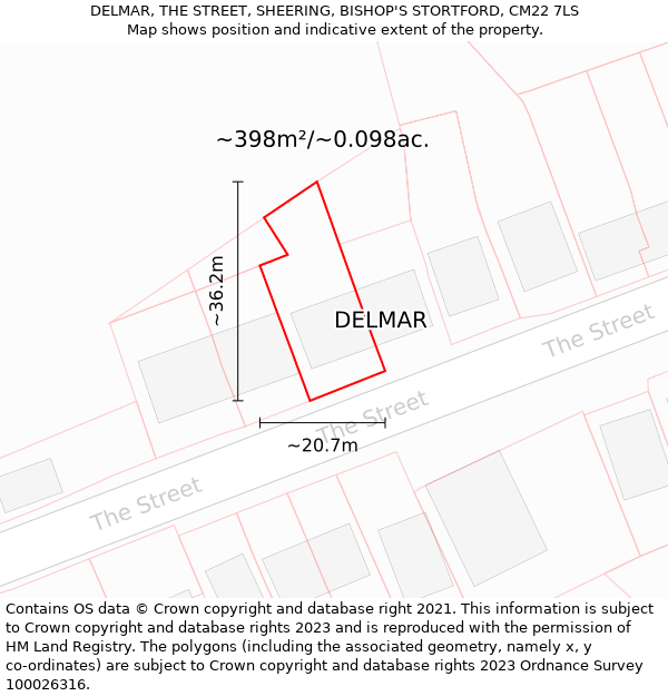 DELMAR, THE STREET, SHEERING, BISHOP'S STORTFORD, CM22 7LS: Plot and title map