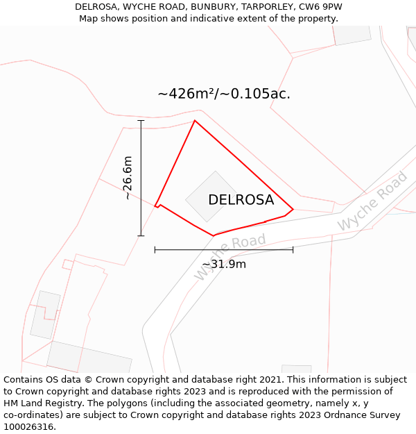 DELROSA, WYCHE ROAD, BUNBURY, TARPORLEY, CW6 9PW: Plot and title map