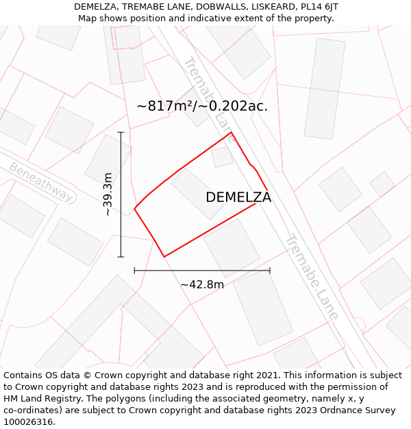 DEMELZA, TREMABE LANE, DOBWALLS, LISKEARD, PL14 6JT: Plot and title map