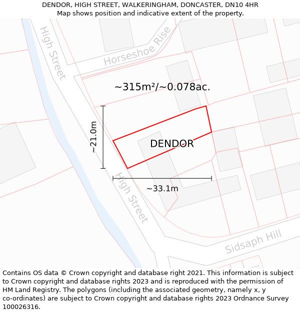 DENDOR, HIGH STREET, WALKERINGHAM, DONCASTER, DN10 4HR: Plot and title map