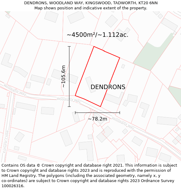 DENDRONS, WOODLAND WAY, KINGSWOOD, TADWORTH, KT20 6NN: Plot and title map