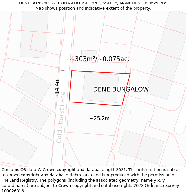 DENE BUNGALOW, COLDALHURST LANE, ASTLEY, MANCHESTER, M29 7BS: Plot and title map