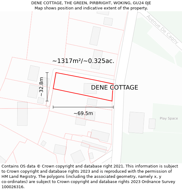 DENE COTTAGE, THE GREEN, PIRBRIGHT, WOKING, GU24 0JE: Plot and title map