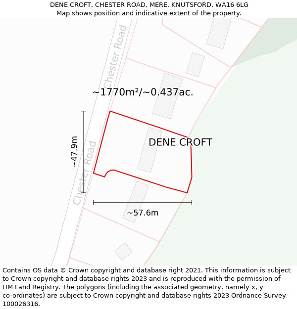 DENE CROFT, CHESTER ROAD, MERE, KNUTSFORD, WA16 6LG: Plot and title map