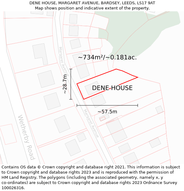 DENE HOUSE, MARGARET AVENUE, BARDSEY, LEEDS, LS17 9AT: Plot and title map