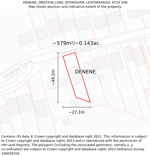 DENENE, ORESTAN LANE, EFFINGHAM, LEATHERHEAD, KT24 5SN: Plot and title map