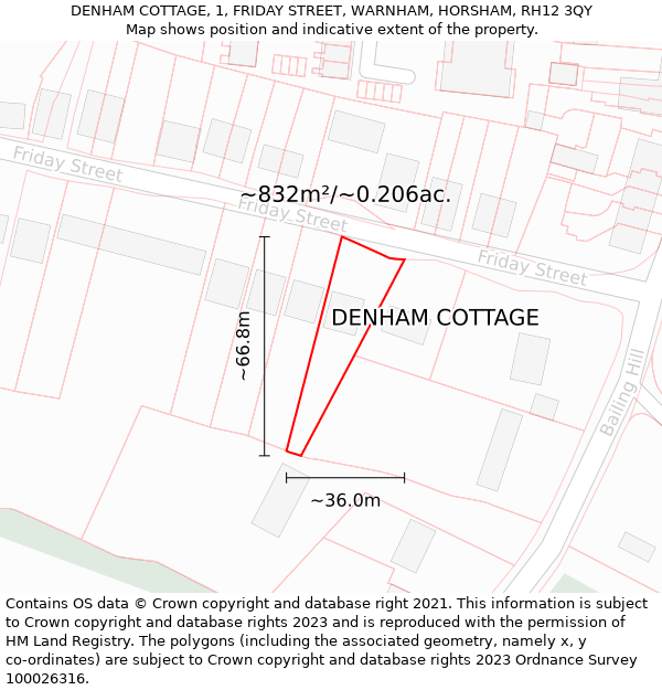 DENHAM COTTAGE, 1, FRIDAY STREET, WARNHAM, HORSHAM, RH12 3QY: Plot and title map