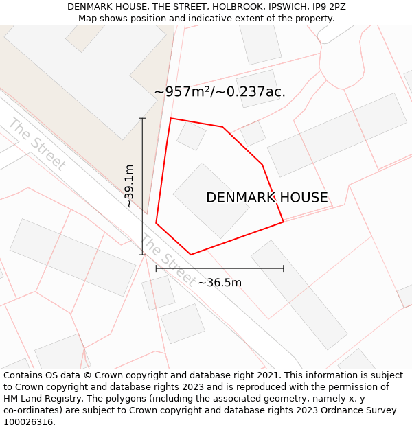 DENMARK HOUSE, THE STREET, HOLBROOK, IPSWICH, IP9 2PZ: Plot and title map