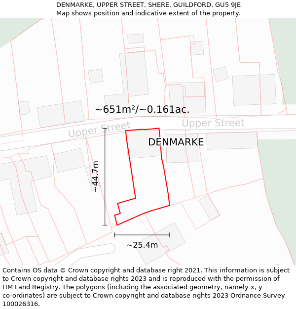 DENMARKE, UPPER STREET, SHERE, GUILDFORD, GU5 9JE: Plot and title map