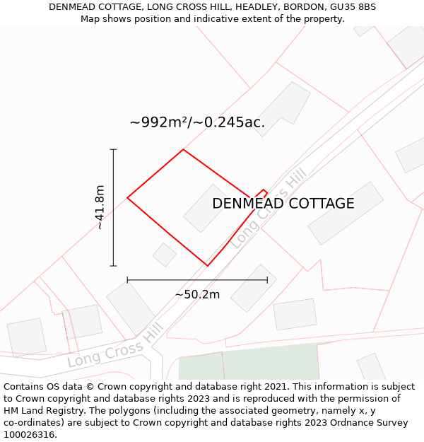 DENMEAD COTTAGE, LONG CROSS HILL, HEADLEY, BORDON, GU35 8BS: Plot and title map