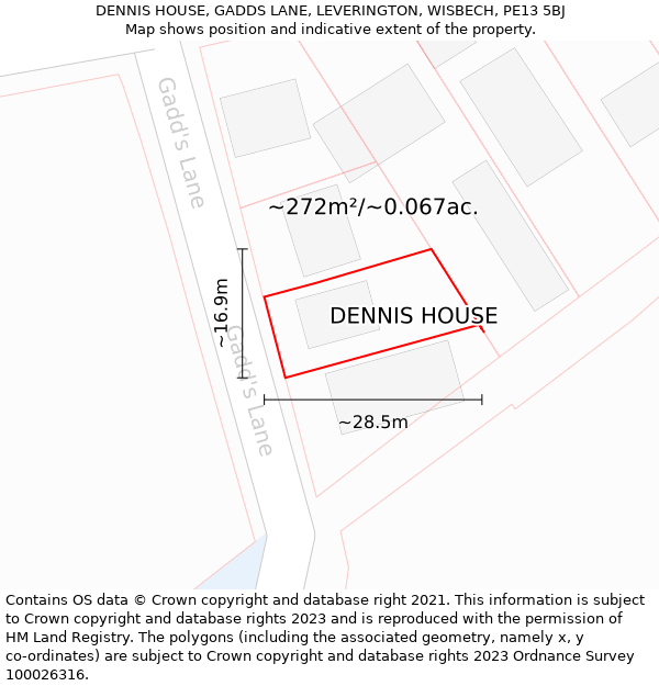 DENNIS HOUSE, GADDS LANE, LEVERINGTON, WISBECH, PE13 5BJ: Plot and title map