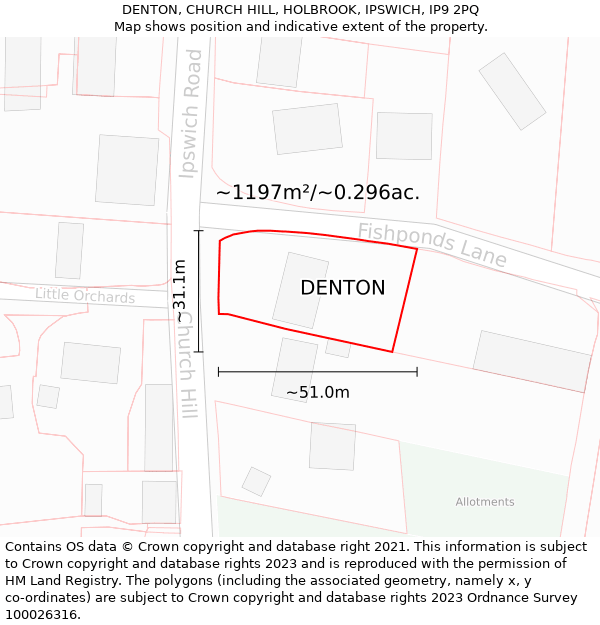 DENTON, CHURCH HILL, HOLBROOK, IPSWICH, IP9 2PQ: Plot and title map